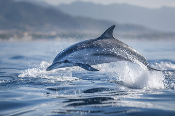 Fototapeta premium Dolphin jumping above ocean water with splash and mountain background in daylight, showing smooth body and dynamic movement in natural marine environment