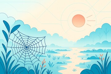 Obraz premium Creative illustration of nature landscape with spider web and sunlight in soft pastel tones on peaceful morning background in forest scene. Ai generative