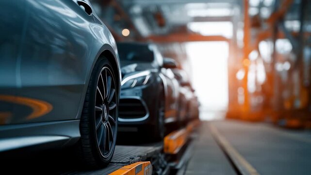Closeup of a neatly strapped car on an enclosed carrier the vehicles details in sharp focus against a blurred industrial loading zone background reflecting premium protection.