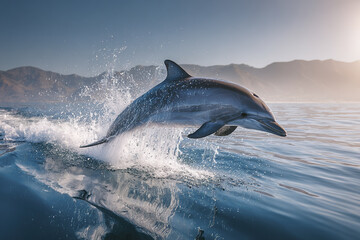 Fototapeta premium Single dolphin leaping above ocean surface with energetic splash near mountain coastline under clear sky during sunrise, showcasing marine life in natural habitat