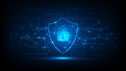 Digital technology security with glowing shield and padlock, Abstract background of network binary code. Cyber protection, data privacy, encryption, firewall and secure technology, Vector illustration © flyalone