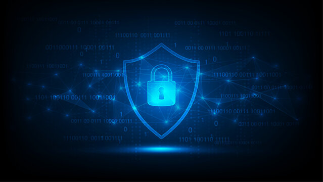 Digital technology security with glowing shield and padlock, Abstract background of network binary code. Cyber protection, data privacy, encryption, firewall and secure technology, Vector illustration