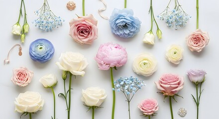 Colorful assortment of pastel roses, peonies, and blue flowers with delicate jewelry.