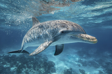 Naklejka premium Single dolphin swimming calmly underwater in clear blue ocean with sunlight reflections and coral reef below creating peaceful marine scene full of natural beauty and tranquility