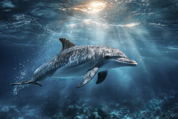 Fototapeta premium Dolphin swimming underwater with sunlight rays penetrating ocean surface, creating serene and peaceful marine environment full of natural beauty and calmness