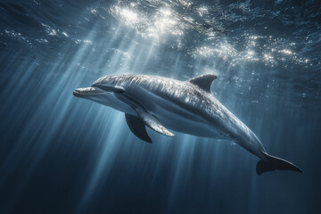 Fototapeta premium Single dolphin underwater with dramatic sunbeams creating peaceful and serene ocean scene, highlighting smooth body and graceful movement of marine mammal