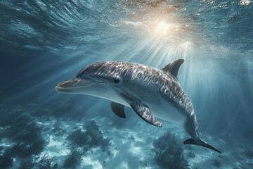Naklejka premium Underwater dolphin swimming peacefully with sunbeams shining through clear blue ocean water, creating serene and calm marine atmosphere
