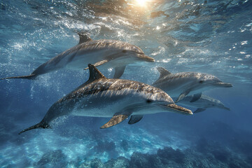 Fototapeta premium Small pod of dolphins swimming underwater in clear blue ocean water with sunlight filtering through, showing their gentle motion and natural habitat