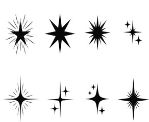 Fototapeta premium Starburst sparkle silhouette vector set with radiant stars and shining light effects, minimal decorative symbols for celebration, magic and graphic design