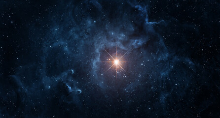 Intense glowing star emitting radiant light rays against a dark starry space background, symbolizing cosmic energy, astronomy. Elements of this image furnished by NASA.