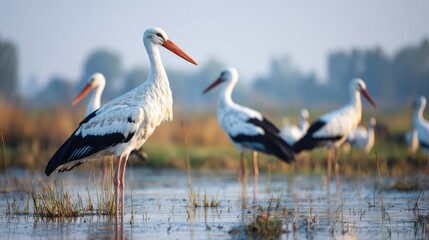Fototapeta premium Majestic storks standing tall in shallow wetlands during migration season
