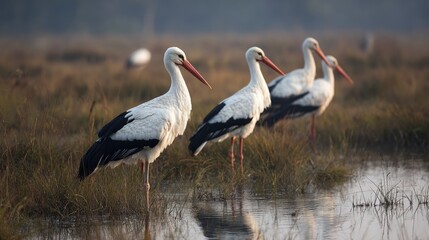 Obraz premium Majestic storks standing tall in shallow wetlands during migration season