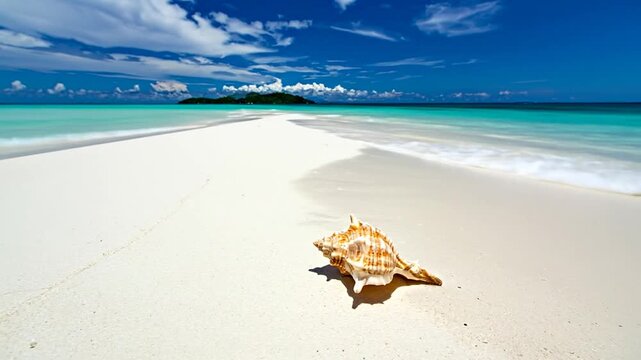 A shell on a white sandy beach with turquoise water. An island is on the horizon under a blue sky