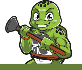 Obraz premium Green tortoise superhero mascot with plunger tool for drainage services