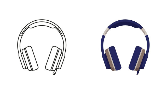 Iconic over ear stereo headphones design shown as a black outline icon next to a richly colored version featuring deep navy blue and taupe accents