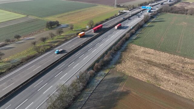 Wallau, Germany - January 21, 2026: Aerial view of German highway A3 between Raunheim and Wiesbadener Kreuz