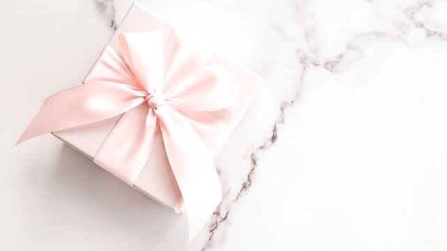 A gift box with a pink bow sits on a white marble background. The bow is elegantly tied