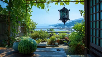 Fototapeta premium Peaceful garden terrace overlooking scenic coastal view with watermelon and lantern.
