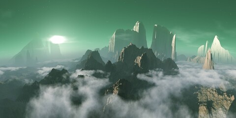 Alien landscape, clouds among rocks, alien canyon, fairytale landscape, 3D rendering