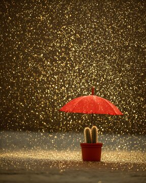 Golden Shower of Protection: A lone cactus in a red pot stands under a vibrant red umbrella, shielded from a dazzling shower of golden specks against a textured backdrop.