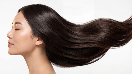 Naklejka premium Side profile of a beautiful Asian woman with closed eyes and luxurious dark brown hair flowing in the wind, showcasing healthy, shiny, and smooth long locks against a white studio background.