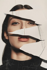 female portrait collage, woman identity concept, torn magazine cut-out, rough paper texture, modern femininity art, minimalist editorial poster, emotional but calm mood, contemporary collage aesthetic