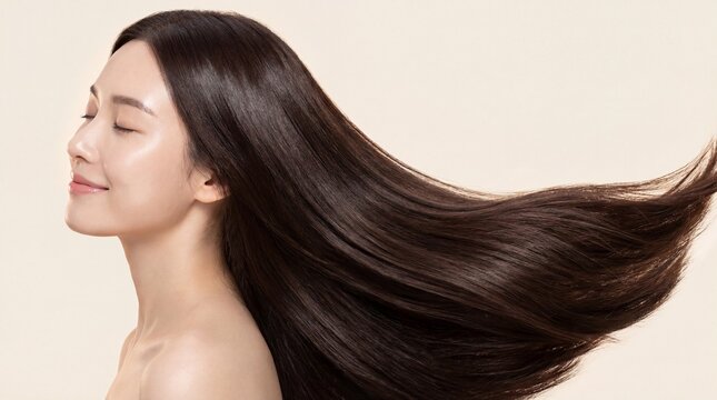 Side profile of a beautiful Asian woman smiling with closed eyes, showcasing her healthy, smooth, long dark brown hair flowing in motion against a neutral background.