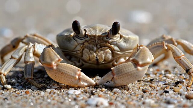 Close-up of a ghost crab on a sandy beach, looking directly at the camera.