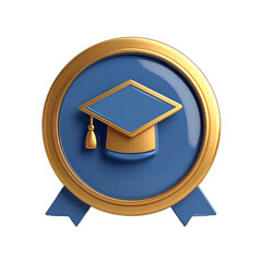 Gold Graduation Cap Icon on Blue Badge.