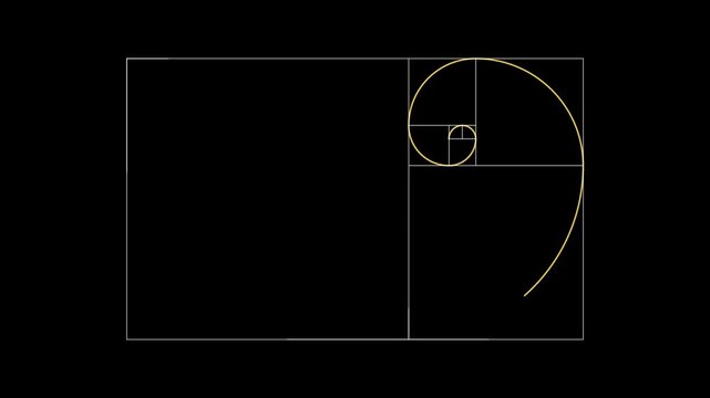 Golden ratio spiral animation with abstract lines on black background