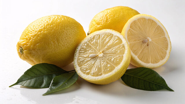 Fresh Lemons and Lemon Slices with Green Leaves on White Background