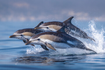 Obraz premium Three dolphins breaching simultaneously above ocean surface with splashing water, showing dynamic movement and natural marine life in calm blue sea environment