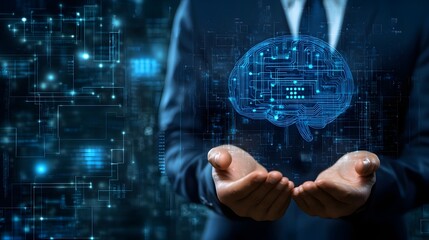 Businessman presents glowing digital representation of human thought process above cupped hands