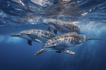 Fototapeta premium Three dolphins swimming underwater near surface with sunlight reflecting on their bodies, creating peaceful and natural ocean scene full of life and movement
