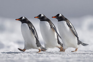 Fototapeta premium Three penguins walking in line across snowy terrain with black and white feathers and orange beaks, showing natural wildlife in cold environment with calm atmosphere