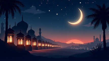 Obraz premium AI Generated Eid al-Fitr Night Mosque Illustration with Crescent Moon and Lanterns