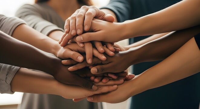A group of diverse people stacking their hands together in unity and solidarity