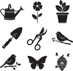 Garden silhouette icons set including tools and wildlife