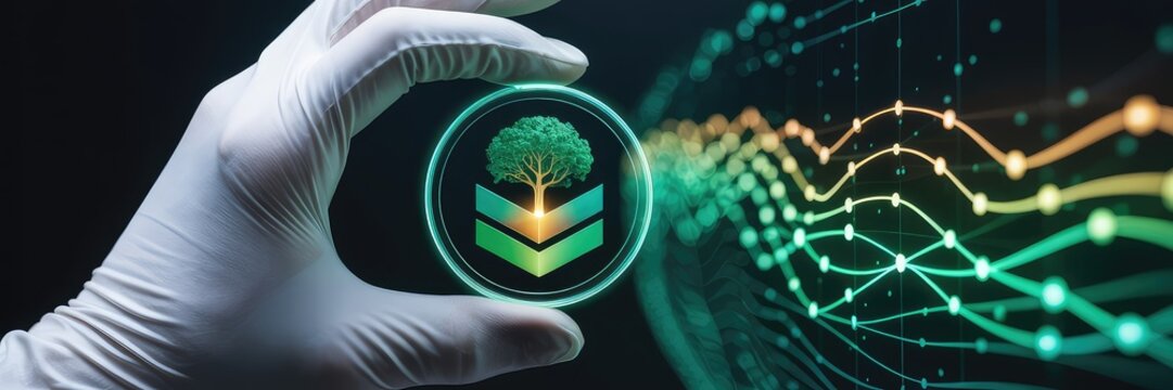 Gloved hand holding round sustainable investment token with glowing tree and growth chevrons on dark analytics chart background for green finance technology - Powered by Adobe