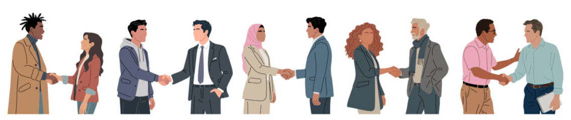 Obraz premium Flat modern illustration of diverse professionals shaking hands in agreement, clean minimalist style on transparent background.