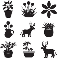 Silhouette of plants and animals on white background