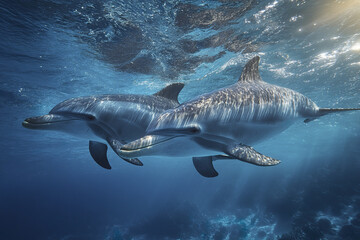 Obraz premium Two dolphins swimming underwater in clear blue ocean with sunlight reflecting on their bodies creating peaceful and natural marine scene