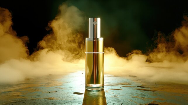 Elegant Fragrance Bottle with Misty Background and Golden Glow