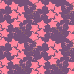 Romantic pink star-shaped balloons, seamless pattern, cheerful and festive, perfect for holiday or Valentine&rsquo;s Day decorations on purple backgrounds.
