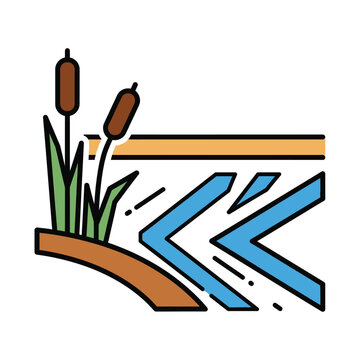 Cattails Reed Plant and Water Icon. Natural Marsh or Wetland Illustration. Ecology and Environment Mbe Style Vector Graphic.