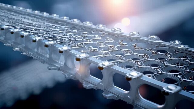 Closeup medium shot of a modular conveyors interlocking components working seamlessly enhancing the intricate design amid a diffused background.