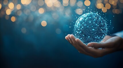 Illuminated digital sphere floats above open human palm against dark background