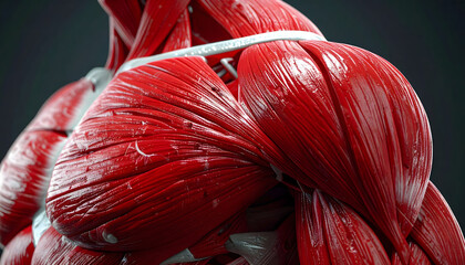 Close up of developed red muscle anatomy with dense network of veins and capillaries, vascularity concept background