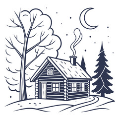 Fototapeta premium Flat vector design of a small snowy cabin with a glowing window in a winter forest at night with a cozy and quiet atmosphere