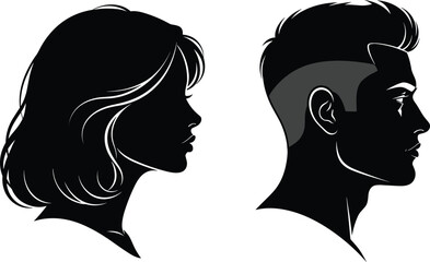 Male and female head profile silhouette illustration with modern hairstyles, side view portraits isolated on white background vector art © meri999